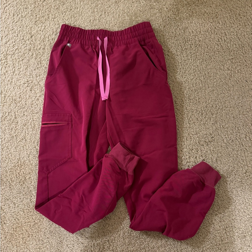 Figs Women's Cargo Scrub Joggers in Berry with Pink Drawstring